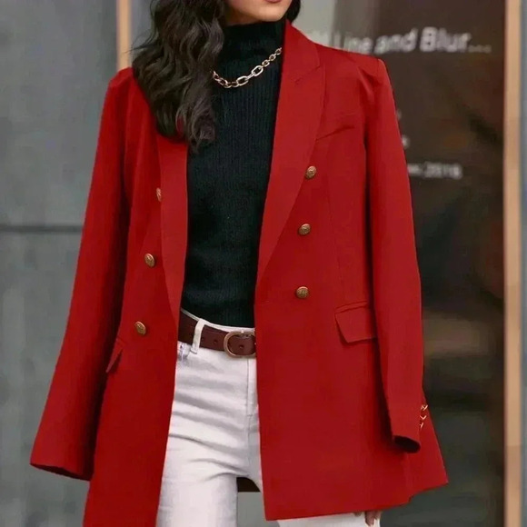 Red Elegant Women's work chic Lapel Neck Double Breasted Blazer - Picture 5 of 6
